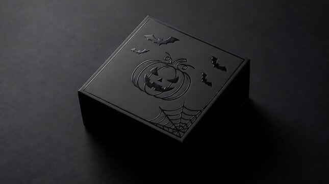 Halloween themed dark square box with spooky illustrations and copy space