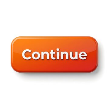 Orange continue button icon. Glossy 3D web interface element for user interaction.