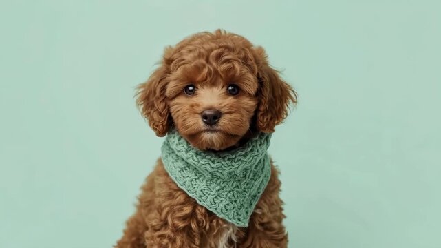 Brown toy poodle puppy wearing green knitted bandana, adorable small brown dog with curly fur