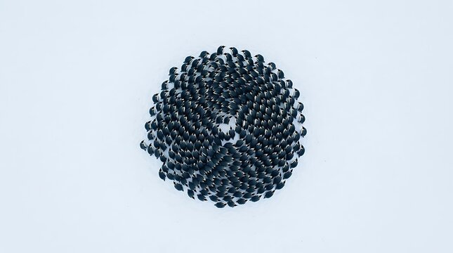 Aerial view of penguins huddled in a circular formation on snow