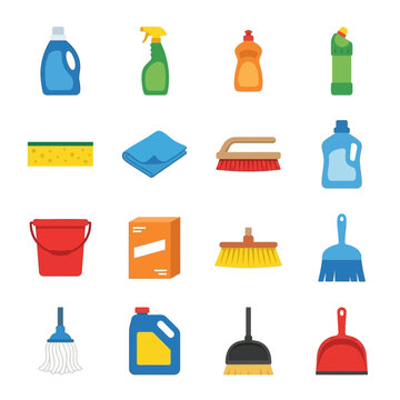 Cleaning supplies and household maintenance tools are organized in a set of colorful icons for domestic chores.