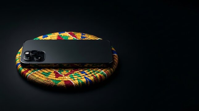 Modern smartphone resting on a traditional vibrant woven mat