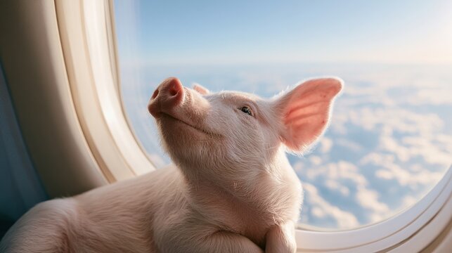 Adorable pink piglet resting and looking happily through airplane window with cloud sky background in serene travel concept