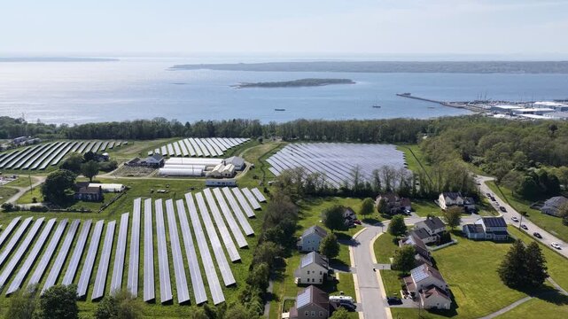 Aerial view of solar farm beside a residential neighborhood in Portsmouth, Rhode Island, USA. Sustainable energy. g.
