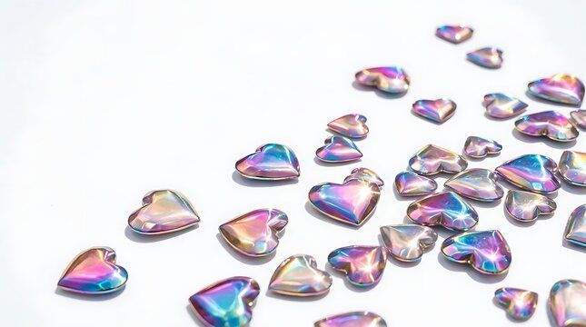 Iridescent holographic hearts scattered on a white background