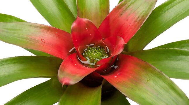 Top view of red bromeliad with water droplets.