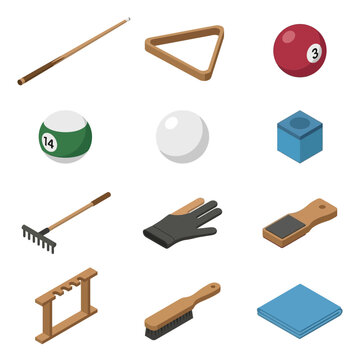Billiards accessories including cues, balls, and maintenance tools are arranged in an isometric grid to demonstrate the essential components of a professional game room.