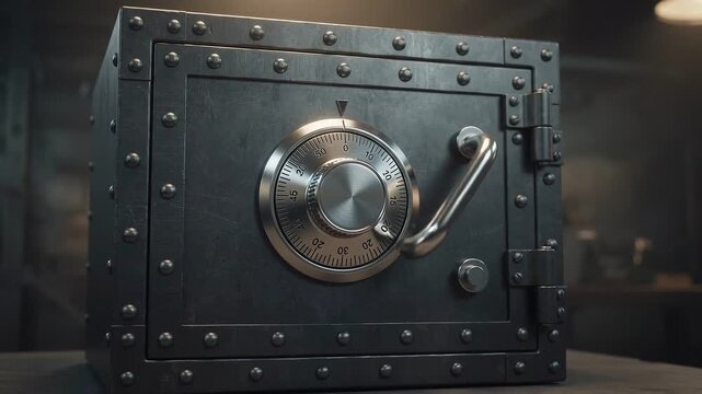 A heavy vintage metal safe with a combination dial lock and rivets.