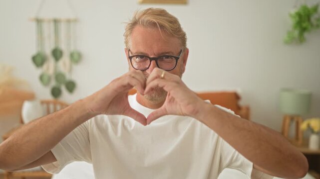 Man with glasses in white t shirt makes heart shape with hands over chest while seated on bed in cozy bedroom setting inside building; warmth.