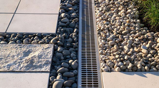 The trench drain grate was installed between the stone pavers and pebble landscaping.