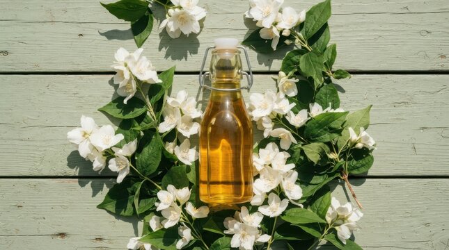 A glass bottle of essential oil surrounded by white jasmine flowers on a wooden surface