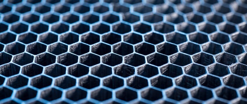 Close up view of dark metal honeycomb structure, abstract geometric pattern with hexagonal cells, durable lightweight material, industrial design