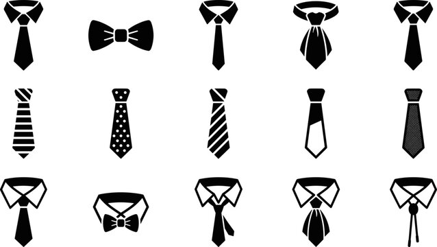 Collection of various necktie and bowtie icons in black.