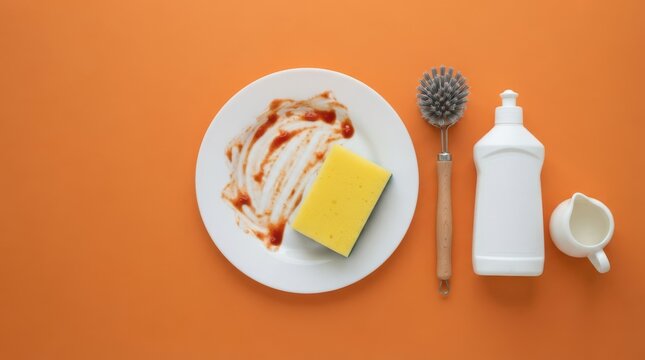 Dirty plate with sponge and dish soap