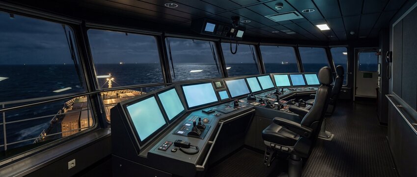 Modern ship navigation bridge control room with multiple screens and advanced technology equipment at night