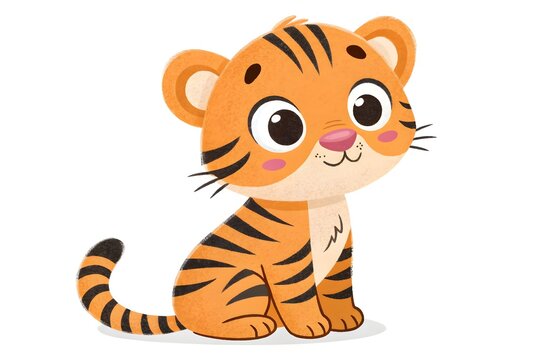 Cute cartoon tiger cub sitting happily with big eyes