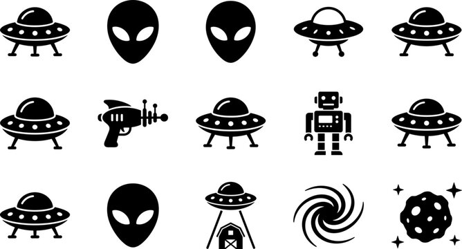 Set of black alien and ufo icons for space themes.