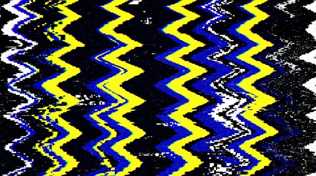Abstract digital glitch background with vibrant yellow and blue zigzag patterns, distorted signal interference texture, retro vhs aesthetic, dynamic wave motion, chaotic data corruption effect