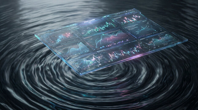 Transparent digital dashboard displaying complex node based scatter plots hovering over a smooth dark liquid metal surface