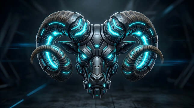 Futuristic robotic ram head with glowing blue lights in dark setting