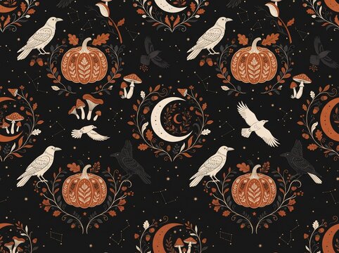 Halloween Floral Ornament With Pumpkins Ravens And Crescent Moons