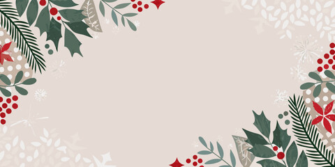 Floral ornament with holly and berries a vector illustration on a beige background arrangement design botanical leaves winter foliage berry cluster red green © Bebdas