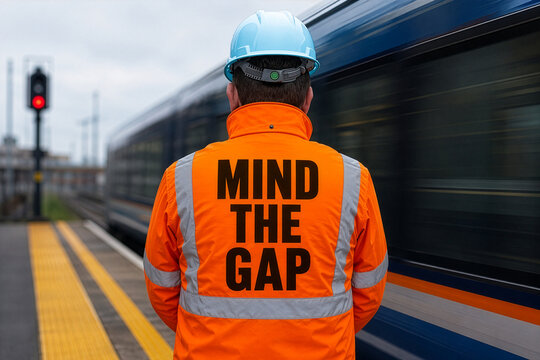 Railway Safety Worker Wearing High Visibility Mind The Gap Jacket