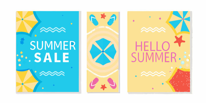 Three vibrant flat vector summer banners featuring suns flip flops and wave patterns on colored backgrounds illustration summertime holiday vacation tropical sun sunshine