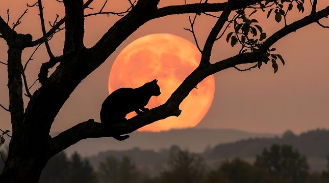 Silhouette cat on branch against large orange moon sky