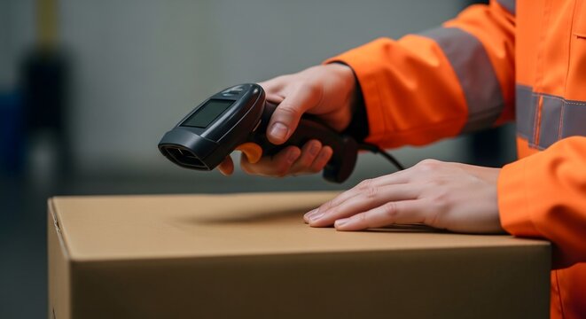 Warehouse worker scanning barcode on cardboard box with handheld reader