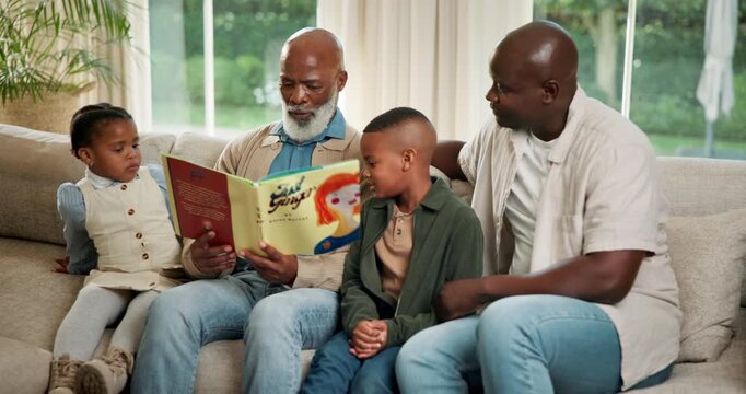 Grandfather, dad and reading book with children in home for bonding, storytelling or support. Black family, grandkids and grandparent on couch for development, language and generations for knowledge