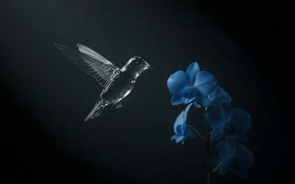 Hummingbird flying near blue orchid flower