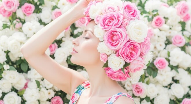 Beautiful Young Woman Wearing a Floral Headpiece of Pink and White Roses in a Serene Garden Setting