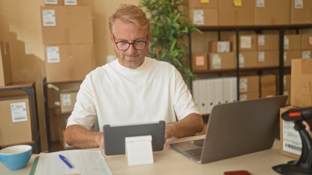 Man tapping tablet and checking laptop amidst stacked parcels and barcode scanner in packing building; focused productivity.