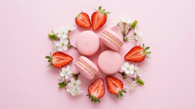 Top view of pink macarons arranged in a circle with strawberry slices and white cherry blossoms on a pink background