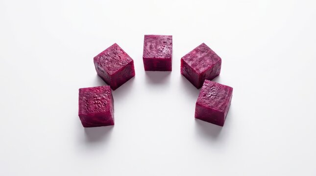 Five cubes of fresh raw beetroot arranged in a semicircle isolated on white background
