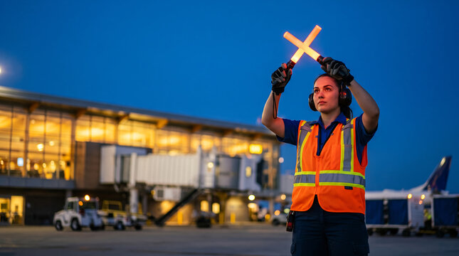 Airport ground crew marshaller worker, with high visibility vest and illuminated signal wands, guiding aircraft at dusk, on outdoor tarmac runway apron, aviation logistics photography