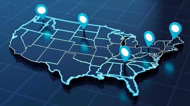 United states map with location pins representing business network and connectivity