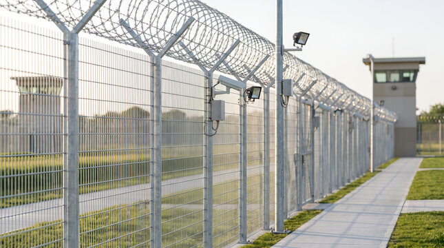 High security fence structure, with razor wire and surveillance camera, standing along perimeter boundary, in outdoor facility compound, security surveillance photography