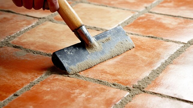 Professional Tiler Grouting Terracotta Floor Tiles with Spreader Tool