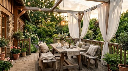Fototapeta premium Cozy outdoor dining patio with string lights and white curtains at dusk