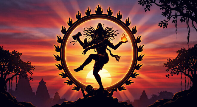 Shiva Nataraja Cosmic Dance Silhouette on Fiery Sunset Horizon, Ring of Fire Illustration