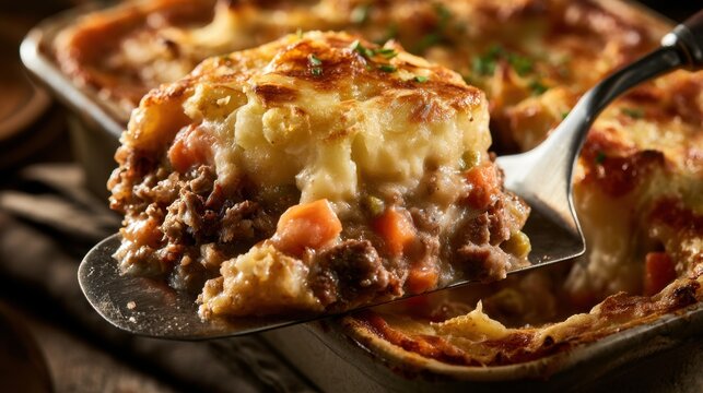 Close-up of homemade shepherd pie with ground meat vegetable filling and golden melted cheese baked in dish served with metal spatula
