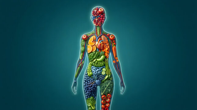Human body outline filled with internal organs and fresh produce symbolizing healthy digestion