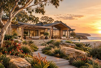 Fototapeta premium Luxury Australian Coastal Modern Farmhouse Overlooking Ocean Cliffs