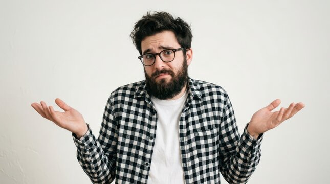 Confused man with beard and glasses shrugging isolated on white background