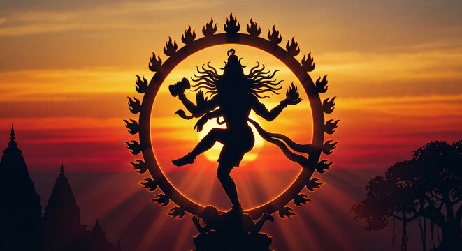 Shiva Nataraja Cosmic Dance Silhouette on Fiery Sunset Horizon, Ring of Fire Illustration