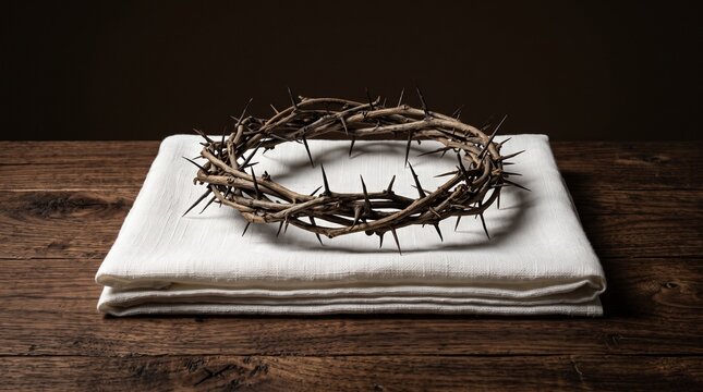 Christian crown of thorns on white folded cloth over wooden surface, symbolic imagery for Good Friday, Lent, and Easter themes.