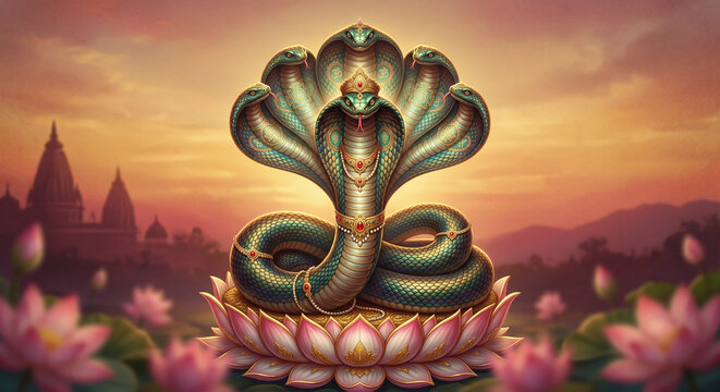 Nag Devta Illustration for Nag Panchami Festival Poster, Divine Serpent Background