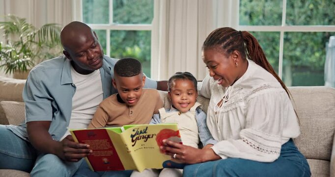 Parents, kids and reading book for literature in home for bonding, storytelling or support. Black family, children and relax on couch for literacy development, language and conversation for knowledge